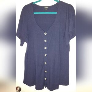 torrid Navy Short Sleeve V-Neck Button Front Top with Decorative Buttons
